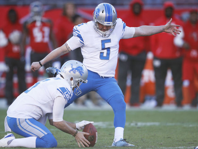 TAMPA, FL - DECEMBER 10: Matt Prater #5 of the Detroit Lions kicks the game-winning 46-yard field goal with 20 seconds left in the game against the Tampa Bay Buccaneers at Raymond James Stadium on December 10, 2017 in Tampa, Florida. The Lions won 24-21.