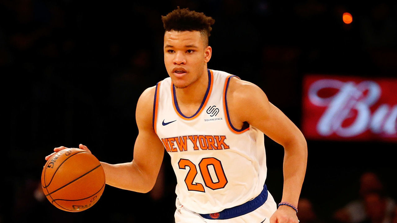 NEW YORK, NY - OCTOBER 17: Kevin Knox #20 of the New York Knicks carries the ball against the Atlanta Hawks at Madison Square Garden on October 17, 2018 in New York City.