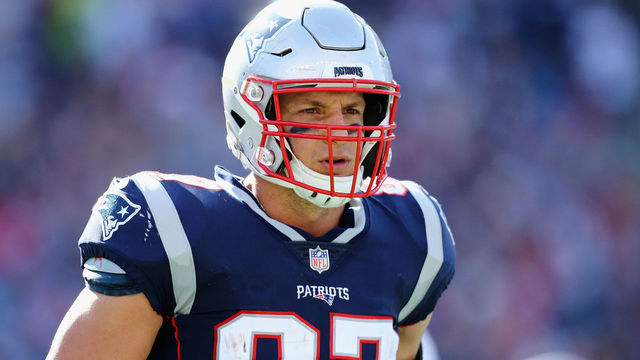 FOXBOROUGH, MA - SEPTEMBER 30: Rob Gronkowski #87 of the New England Patriots looks on during the second half against the Miami Dolphins at Gillette Stadium on September 30, 2018 in Foxborough, Massachusetts.