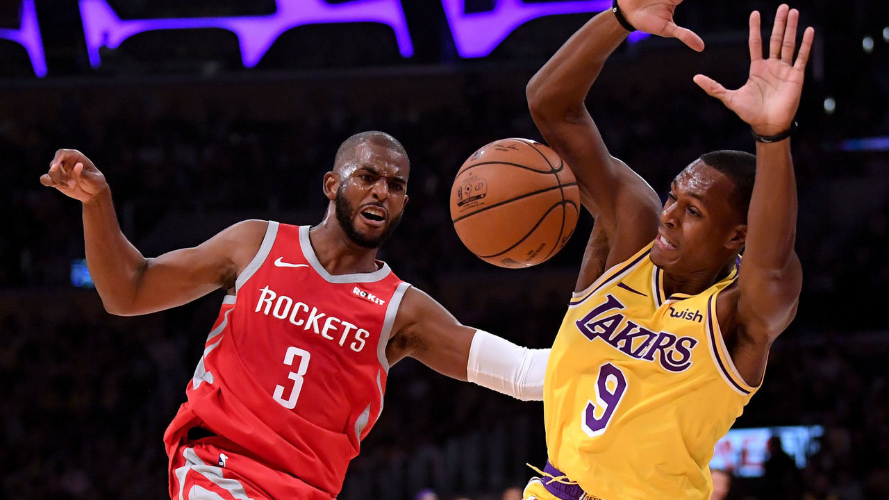 LOS ANGELES, CA - OCTOBER 20: Chris Paul #3 of the Houston Rockets reacts to a foul from Rajon Rondo #9 of the Los Angeles Lakers during the second quarter at Staples Center on October 20, 2018 in Los Angeles, California.