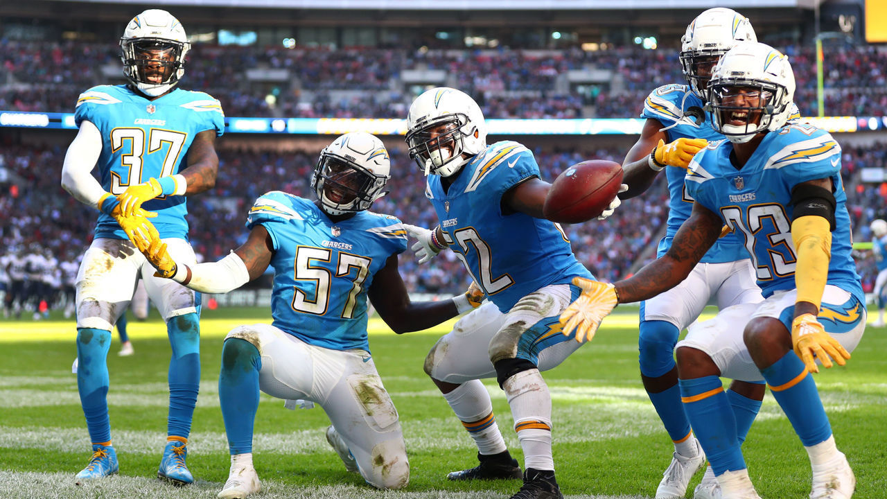 LONDON, ENGLAND - OCTOBER 21: Denzel Perryman of Los Angeles Chargers celebrates his interseption with teammates during the NFL International Series match between Tennessee Titans and Los Angeles Chargers at Wembley Stadium on October 21, 2018 in London, England.