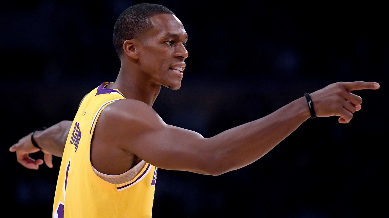LOS ANGELES, CA - OCTOBER 20: Rajon Rondo #9 of the Los Angeles Lakers directs his teammates during a 124-115 loss to the Houston Rockets at Staples Center on October 20, 2018 in Los Angeles, California.