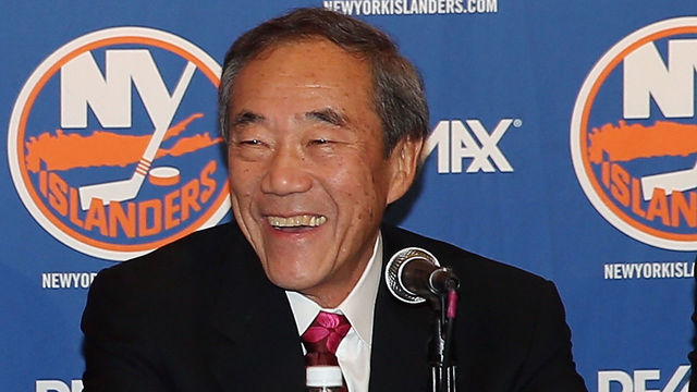 UNIONDALE, NY - OCTOBER 22: Current owner of the New York Islanders Charles Wang speaks with the media during a press conference at Nassau Coliseum on October 22, 2014 in Uniondale, New York.