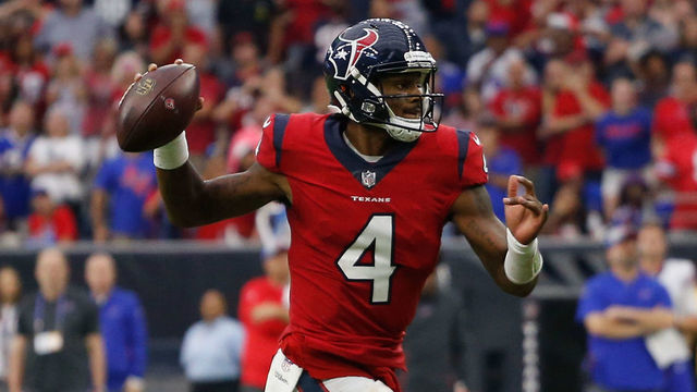 HOUSTON, TX - OCTOBER 14: Deshaun Watson #4 of the Houston Texans scrambles out of the pocket against the Buffalo Bills in the second half at NRG Stadium on October 14, 2018 in Houston, Texas.