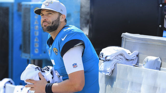 JACKSONVILLE, FL - OCTOBER 21: Blake Bortles #5 of the Jacksonville Jaguars is seen on the bench during the first half against the Houston Texans at TIAA Bank Field on October 21, 2018 in Jacksonville, Florida.