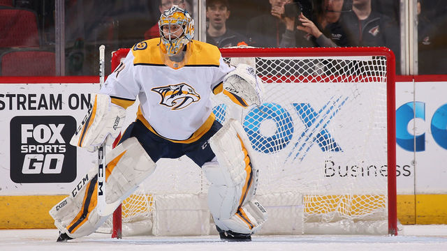 GLENDALE, AZ - JANUARY 04: Goaltender Juuse Saros #74 of the Nashville Predators in action during the NHL game against the Arizona Coyotes at Gila River Arena on January 4, 2018 in Glendale, Arizona. The Coyotes defeated the Predators 3-2 in overtime.