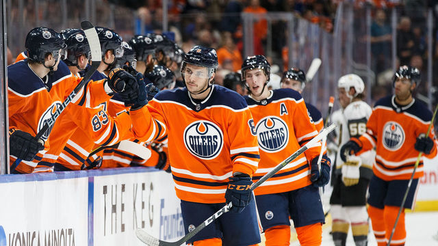 EDMONTON, AB - APRIL 05: Ty Rattie #8 of the Edmonton Oilers celebrates his goal against the Vegas Golden Knights at Rogers Place on April 5, 2018 in Edmonton, Canada.