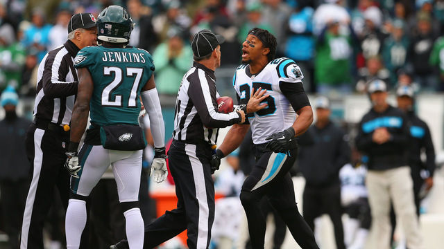 PHILADELPHIA, PA - OCTOBER 21: Strong safety Eric Reid #25 of the Carolina Panthers gets in the face of strong safety Malcolm Jenkins #27 of the Philadelphia Eagles prior to the start of the first quarter at Lincoln Financial Field on October 21, 2018 in Philadelphia, Pennsylvania.