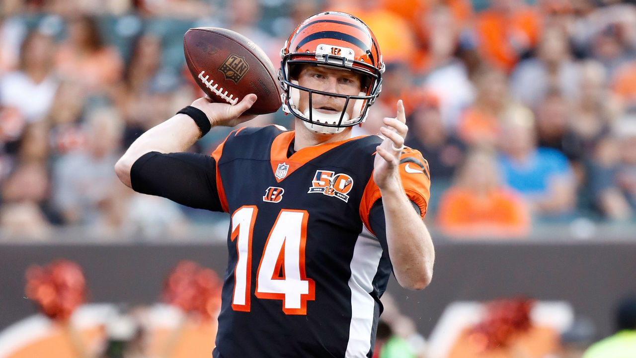 CINCINNATI, OH - AUGUST 19: Andy Dalton #14 of the Cincinnati Bengals throws a pass during the preseason game against the Kansas City Chiefs at Paul Brown Stadium on August 19, 2017 in Cincinnati, Ohio.