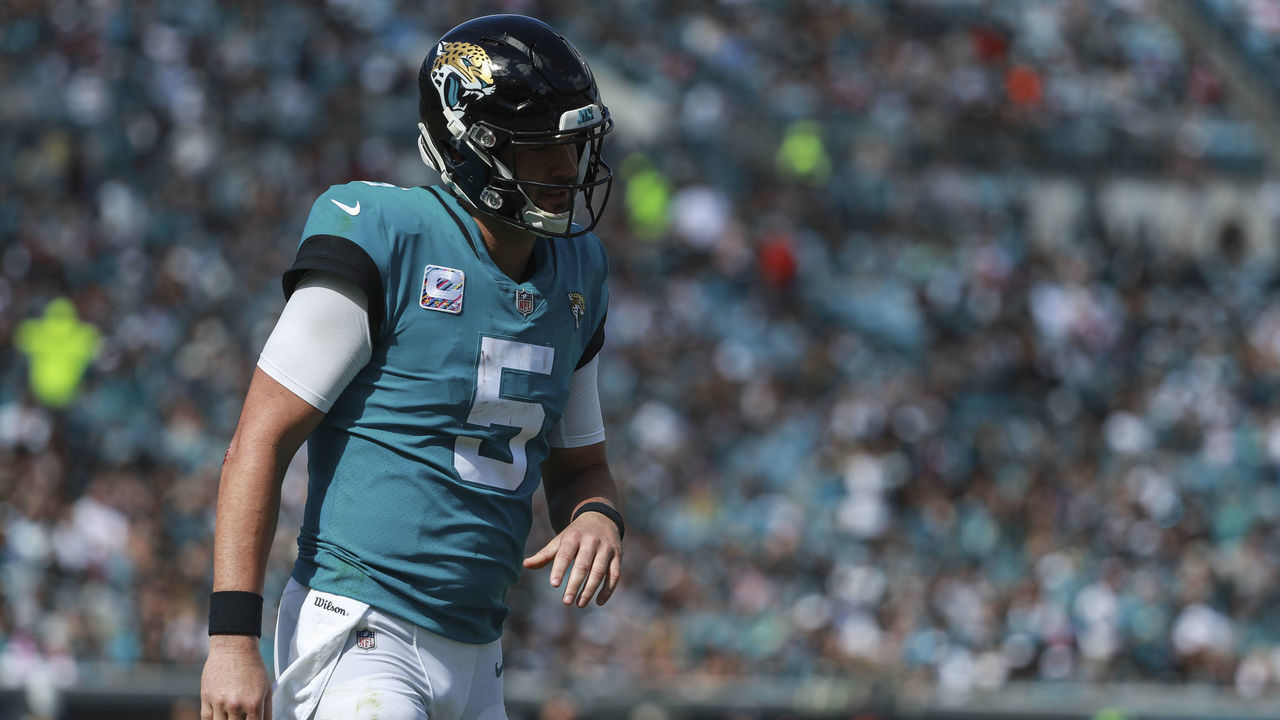 JACKSONVILLE, FL - OCTOBER 21: Blake Bortles #5 of the Jacksonville Jaguars is seen during the second half against the Houston Texans at TIAA Bank Field on October 21, 2018 in Jacksonville, Florida.