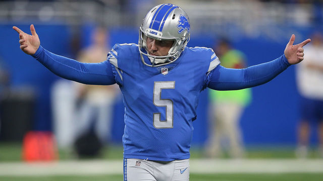 DETROIT, MI - SEPTEMBER 10: Matt Prater #5 of the Detroit Lions celebrates a field goal in the second quarter against Arizona Cardinals at Ford Field on September 10, 2017 in Detroit, Michigan.