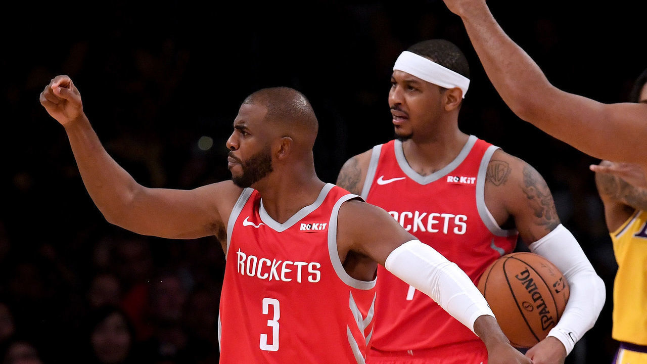 LOS ANGELES, CA - OCTOBER 20: Chris Paul #3, Carmelo Anthony #7 and Eric Gordon #10 of the Houston Rockets call for a continuation basket on a shot by James Harden #13 after a foul by Brandon Ingram #14 of the Los Angeles Lakers during the fourth quarter at Staples Center on October 20, 2018 in Los Angeles, California.