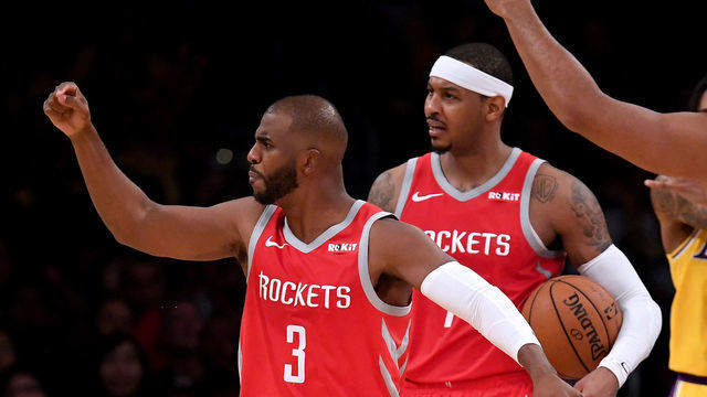 LOS ANGELES, CA - OCTOBER 20: Chris Paul #3, Carmelo Anthony #7 and Eric Gordon #10 of the Houston Rockets call for a continuation basket on a shot by James Harden #13 after a foul by Brandon Ingram #14 of the Los Angeles Lakers during the fourth quarter at Staples Center on October 20, 2018 in Los Angeles, California.