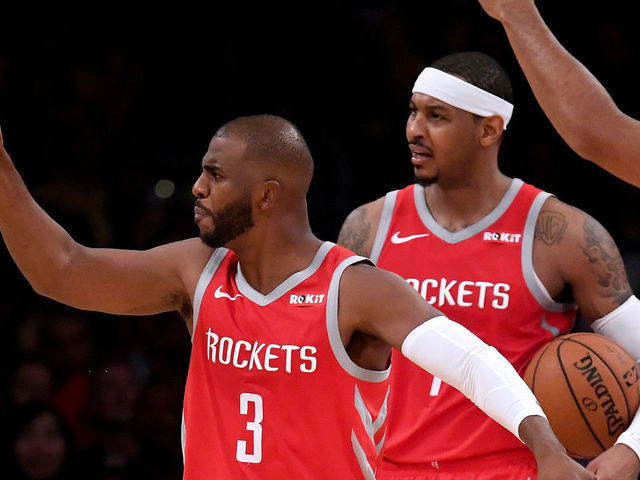 LOS ANGELES, CA - OCTOBER 20: Chris Paul #3, Carmelo Anthony #7 and Eric Gordon #10 of the Houston Rockets call for a continuation basket on a shot by James Harden #13 after a foul by Brandon Ingram #14 of the Los Angeles Lakers during the fourth quarter at Staples Center on October 20, 2018 in Los Angeles, California.