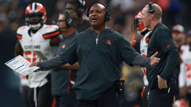 NEW ORLEANS, LA - SEPTEMBER 16: Head coach Hue Jackson of the Cleveland Browns reacts on the sidelines during the second quarter against the New Orleans Saints at Mercedes-Benz Superdome on September 16, 2018 in New Orleans, Louisiana.