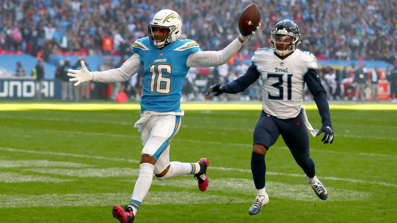 LONDON, ENGLAND - OCTOBER 21: Tyrell Williams of Los Angeles Chargers scores his sides first touchdown during the NFL International Series match between Tennessee Titans and Los Angeles Chargers at Wembley Stadium on October 21, 2018 in London, England.