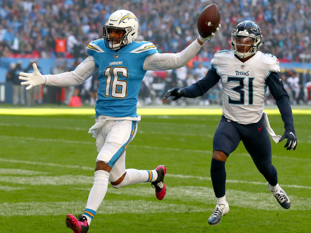 LONDON, ENGLAND - OCTOBER 21: Tyrell Williams of Los Angeles Chargers scores his sides first touchdown during the NFL International Series match between Tennessee Titans and Los Angeles Chargers at Wembley Stadium on October 21, 2018 in London, England.