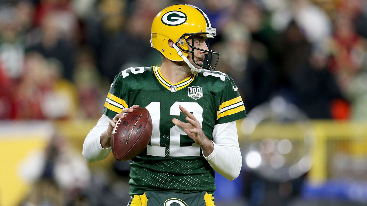 GREEN BAY, WI - OCTOBER 15: Aaron Rodgers #12 of the Green Bay Packers drops back to pass in the first quarter against the San Francisco 49ers at Lambeau Field on October 15, 2018 in Green Bay, Wisconsin.