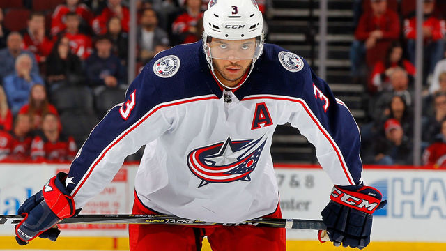 NEWARK, NJ - FEBRUARY 20: Seth Jones #3 of the Columbus Blue Jackets in action against the New Jersey Devils on February 20, 2018 at Prudential Center in Newark, New Jersey.