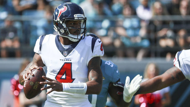 JACKSONVILLE, FL - OCTOBER 21: Deshaun Watson #4 of the Houston Texans drops back to pass against the Jacksonville Jaguars during the first half at TIAA Bank Field on October 21, 2018 in Jacksonville, Florida.