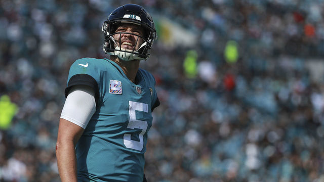 JACKSONVILLE, FL - OCTOBER 21: Blake Bortles #5 of the Jacksonville Jaguars looks at the scoreboard during the second half against the Houston Texans at TIAA Bank Field on October 21, 2018 in Jacksonville, Florida.