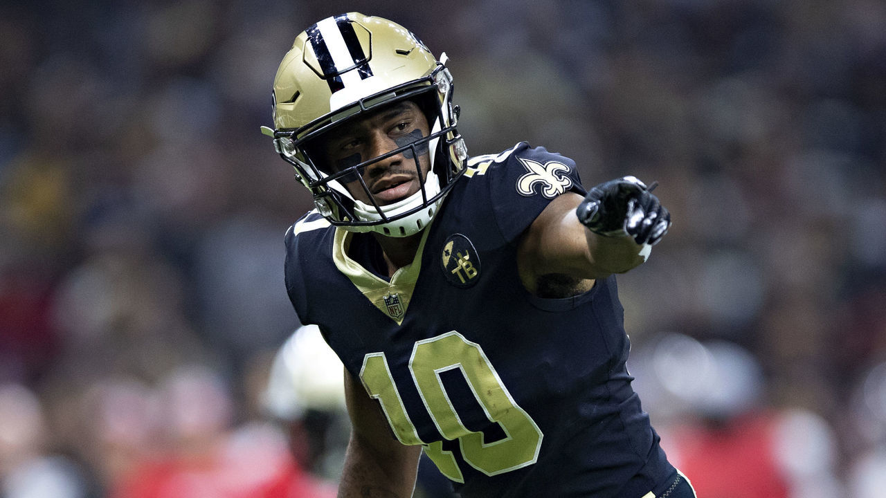 NEW ORLEANS, LA - SEPTEMBER 9: Tre'Quan Smith #10 of the New Orleans Saints at the line of scrimmage during a game against the Tampa Bay Buccaneers at Mercedes-Benz Superdome on September 9, 2018 in New Orleans, Louisiana. The Buccaneers defeated the Saints 48-40.