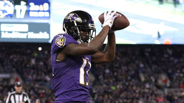 BALTIMORE, MD - OCTOBER 21: Wide Receiver John Brown #13 of the Baltimore Ravens catches a touchdown in the fourth quarter against the New Orleans Saints at M&T Bank Stadium on October 21, 2018 in Baltimore, Maryland.