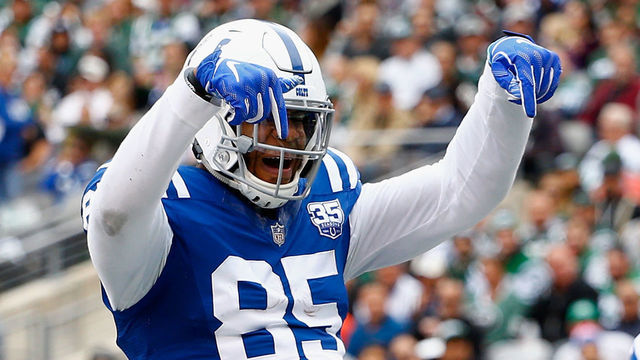 EAST RUTHERFORD, NJ - OCTOBER 14: Tight end Eric Ebron #85 of the Indianapolis Colts celebrates his touchdown as teammate wide receiver Ryan Grant #11 looks on against the New York Jets during the third quarter at MetLife Stadium on October 14, 2018 in East Rutherford, New Jersey.