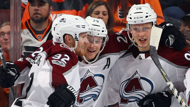 PHILADELPHIA, PA - NOVEMBER 04: Mikko Rantanen #96 of the Colorado Avalanche (third from left) celebrates his powerplay goal at 16:13 of the second period against the Philadelphia Flyers and is joined by (l-r) Gabriel Landeskog #92, Nathan MacKinnon #29 and on the right Alexander Kerfoot #13 at the Wells Fargo Center on November 4, 2017 in Philadelphia, Pennsylvania.