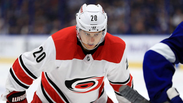 TAMPA, FL - OCTOBER 16: Sebastian Aho #20 of the Carolina Hurricanes looks on during a game against the Tampa Bay Lightning at Amalie Arena on October 16, 2018 in Tampa, Florida.