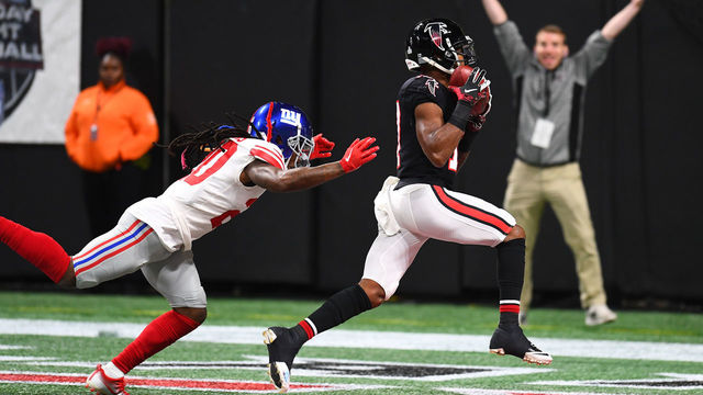 ATLANTA, GA - OCTOBER 22: Marvin Hall #17 of the Atlanta Falcons makes a touchdown during the end of the second quarter against the New York Giants at Mercedes-Benz Stadium on October 22, 2018 in Atlanta, Georgia.