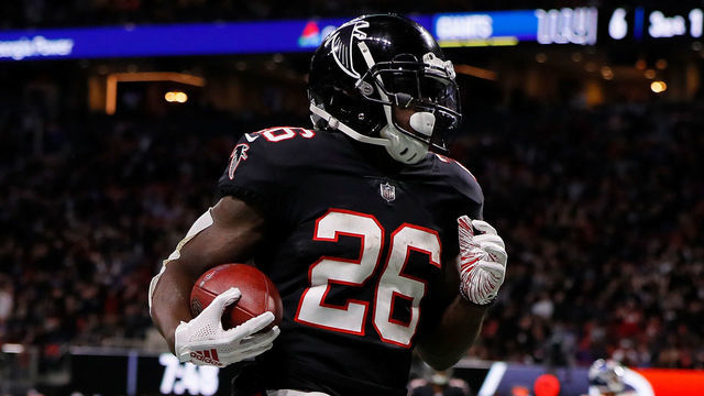 ATLANTA, GA - OCTOBER 22: Tevin Coleman #26 of the Atlanta Falcons runs for a touchdown during the fourth quarter against the New York Giants at Mercedes-Benz Stadium on October 22, 2018 in Atlanta, Georgia.