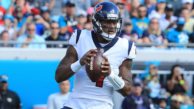 JACKSONVILLE, FL - OCTOBER 21: Deshaun Watson #4 of the Houston Texans attempts a pass during the game against the Jacksonville Jaguars at TIAA Bank Field on October 21, 2018 in Jacksonville, Florida.