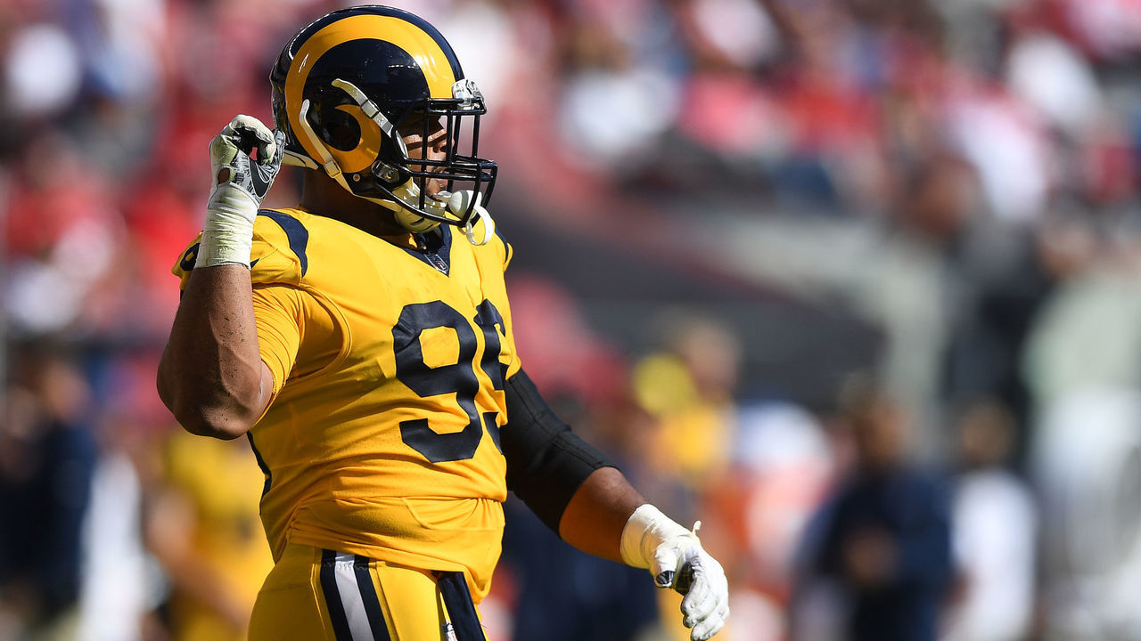SANTA CLARA, CA - OCTOBER 21: Aaron Donald #99 of the Los Angeles Rams reacts to a play against the San Francisco 49ers during their NFL game at Levi's Stadium on October 21, 2018 in Santa Clara, California.
