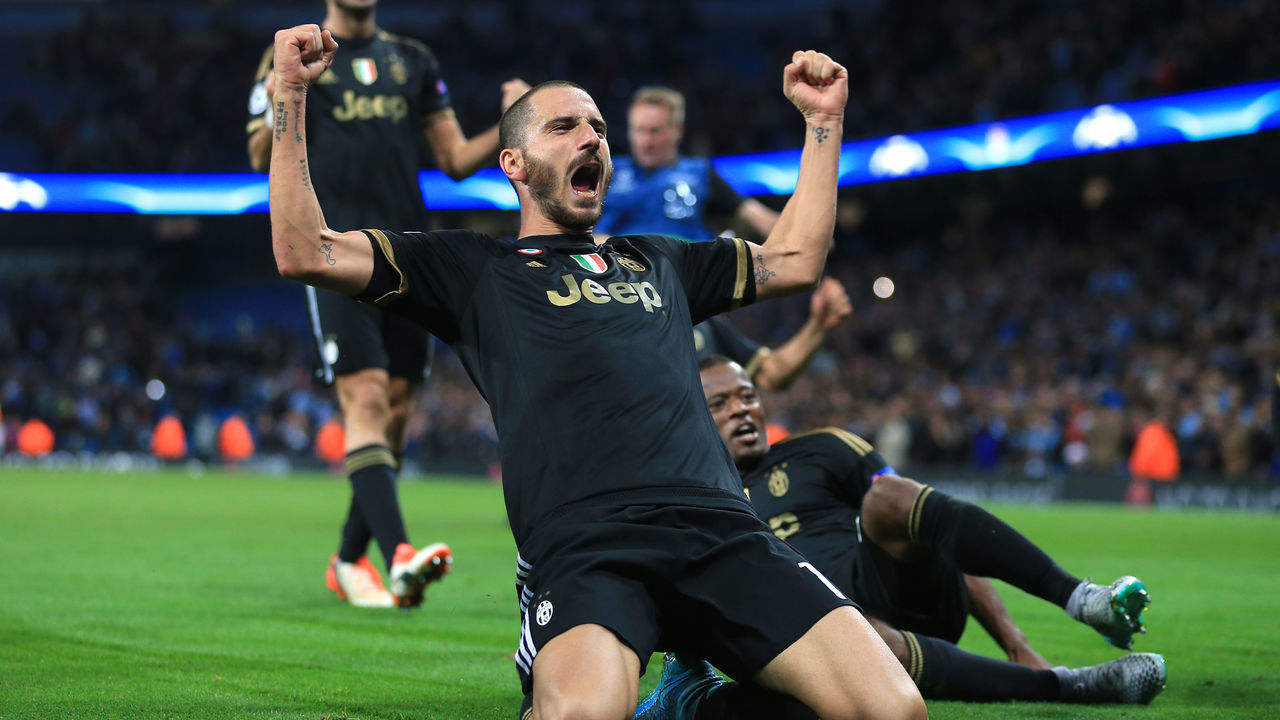 Juevntus' Leonardo Bonucci celebrates his sides win after the final whistle.