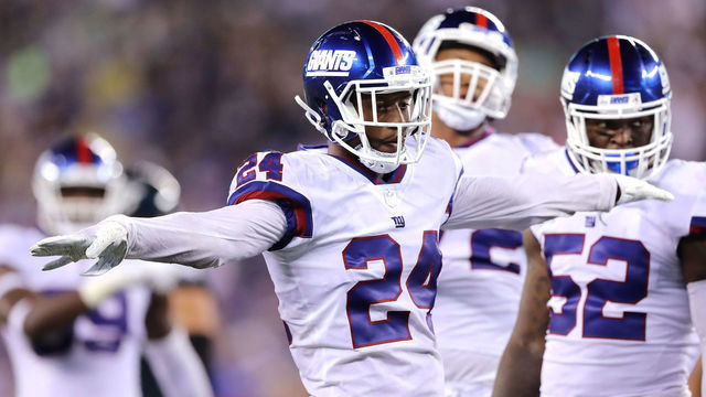EAST RUTHERFORD, NJ - OCTOBER 11: Eli Apple #24 of the New York Giants celebrates a tackle against the Philadelphia Eagles during the third quarter at MetLife Stadium on October 11, 2018 in East Rutherford, New Jersey.