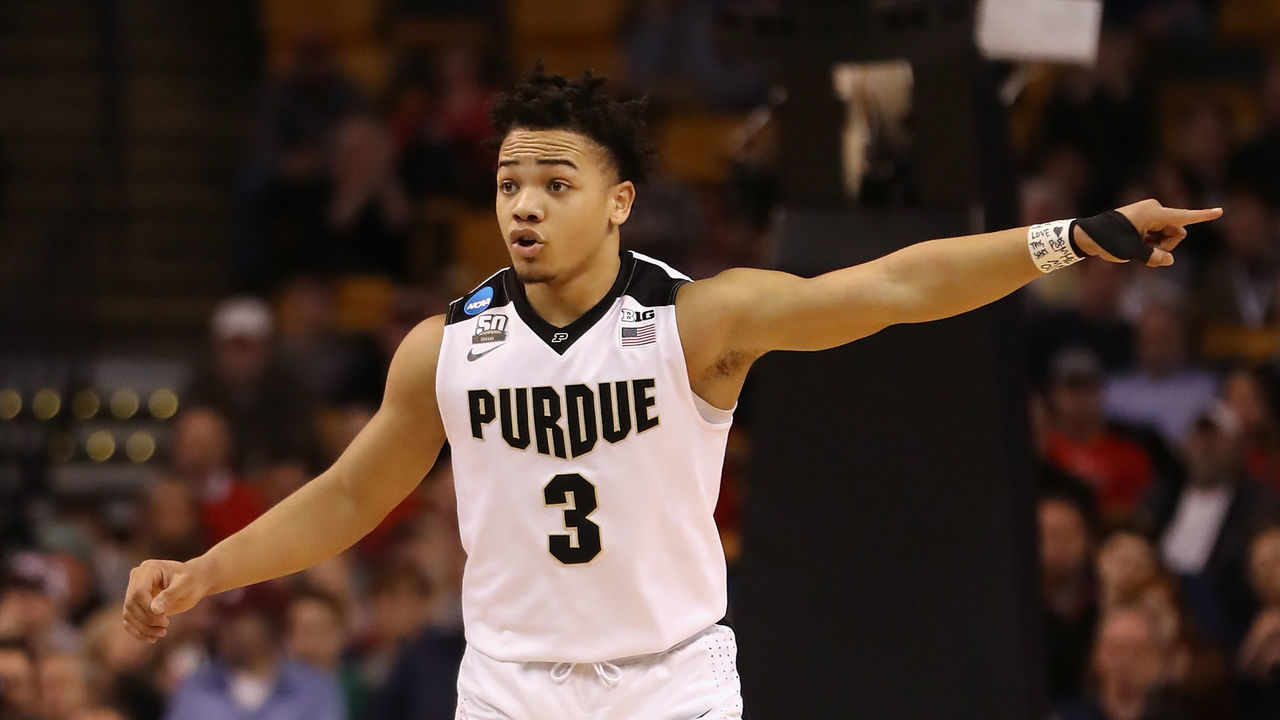 BOSTON, MA - MARCH 23: Carsen Edwards #3 of the Purdue Boilermakers gestures during the second half against the Texas Tech Red Raiders in the 2018 NCAA Men's Basketball Tournament East Regional at TD Garden on March 23, 2018 in Boston, Massachusetts.