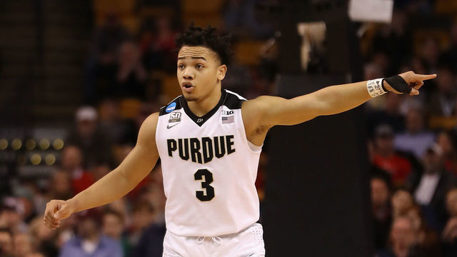 BOSTON, MA - MARCH 23: Carsen Edwards #3 of the Purdue Boilermakers gestures during the second half against the Texas Tech Red Raiders in the 2018 NCAA Men's Basketball Tournament East Regional at TD Garden on March 23, 2018 in Boston, Massachusetts.