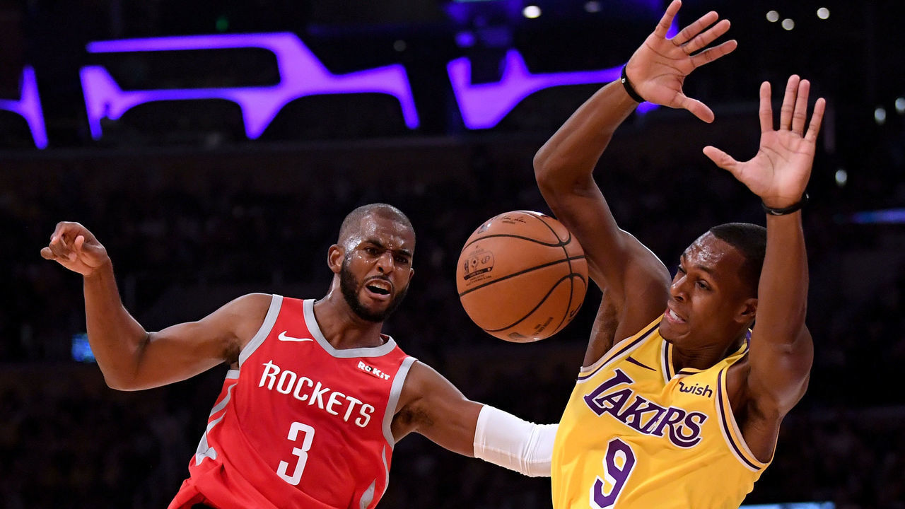 LOS ANGELES, CA - OCTOBER 20: Chris Paul #3 of the Houston Rockets reacts to a foul from Rajon Rondo #9 of the Los Angeles Lakers during the second quarter at Staples Center on October 20, 2018 in Los Angeles, California.