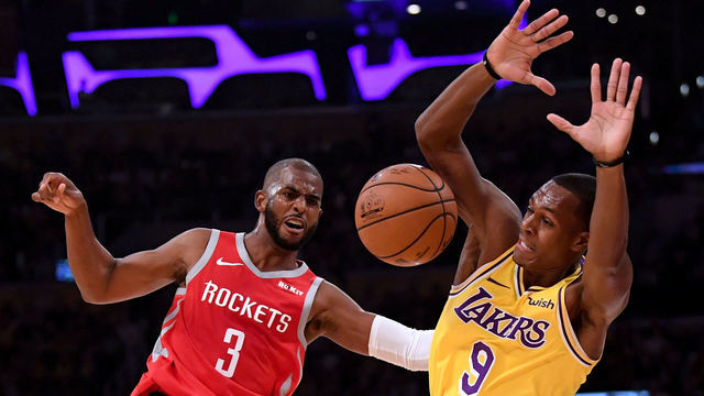LOS ANGELES, CA - OCTOBER 20: Chris Paul #3 of the Houston Rockets reacts to a foul from Rajon Rondo #9 of the Los Angeles Lakers during the second quarter at Staples Center on October 20, 2018 in Los Angeles, California.