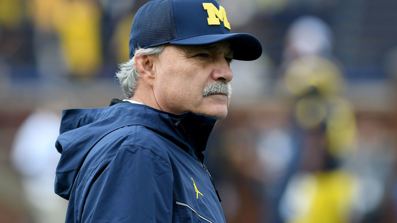 ANN ARBOR, MI. - OCTOBER 06: Michigan defensive coordinator, Don Brown, watches over his defensive unit during pre-game warmups before the Wolverines' 42-21 win over Maryland during a college football game on October 6, 2018, at Michigan Stadium in Ann Arbor, MI.