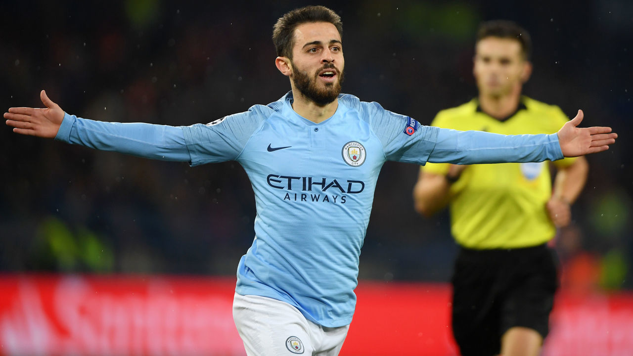 KHARKOV, UKRAINE - OCTOBER 23: Bernardo Silva of Manchester City celebrates after scoring his team's third goal during the Group F match of the UEFA Champions League between FC Shakhtar Donetsk and Manchester City at Metalist Stadium on October 23, 2018 in Kharkov, Ukraine.
