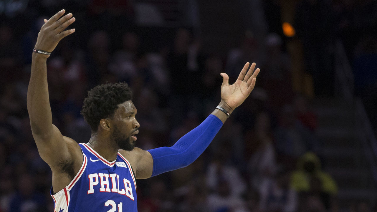PHILADELPHIA, PA - OCTOBER 18: Joel Embiid #21 of the Philadelphia 76ers reacts against the Chicago Bulls at the Wells Fargo Center on October 18, 2018 in Philadelphia, Pennsylvania.
