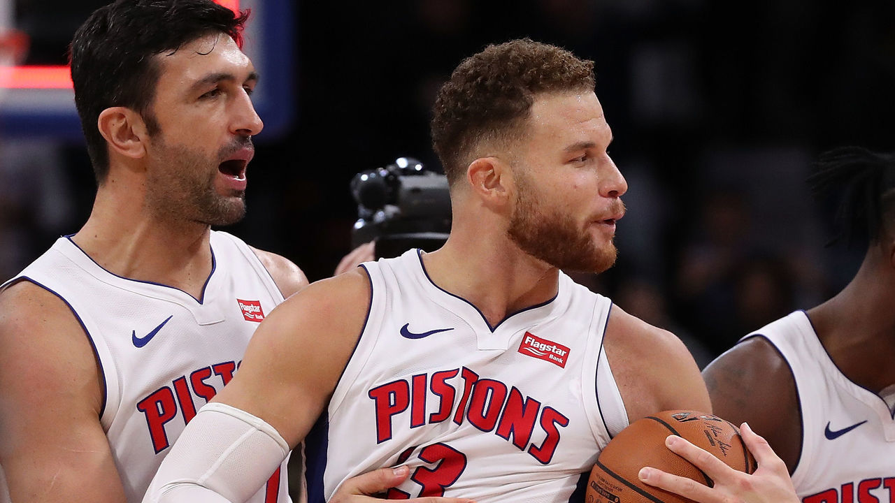 DETROIT, MI - OCTOBER 23: Blake Griffin #23 of the Detroit Pistons celebrates a 133-132 overtime win over the Philadelphia 76ers with Zaza Pachulia #27 at Little Caesars Arena on October 23, 2018 in Detroit, Michigan.