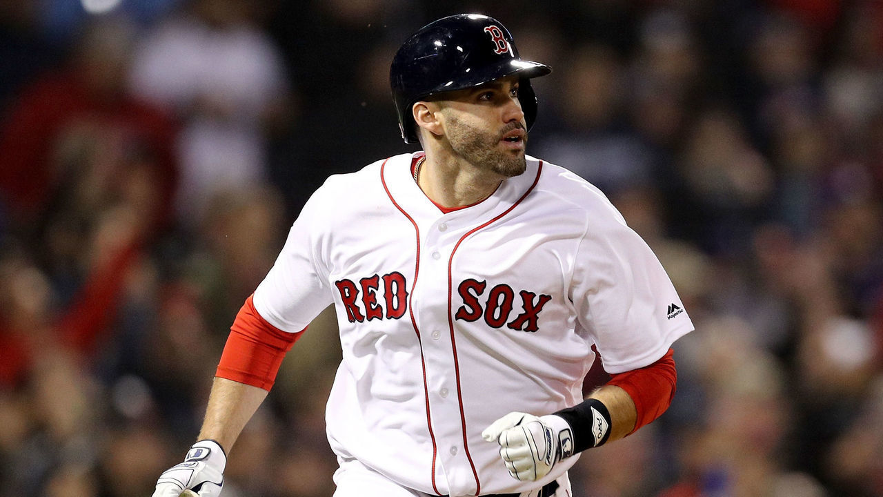 BOSTON, MA - OCTOBER 23: J.D. Martinez #28 of the Boston Red Sox hits an RBI double during the third inning against the Los Angeles Dodgers in Game One of the 2018 World Series at Fenway Park on October 23, 2018 in Boston, Massachusetts.