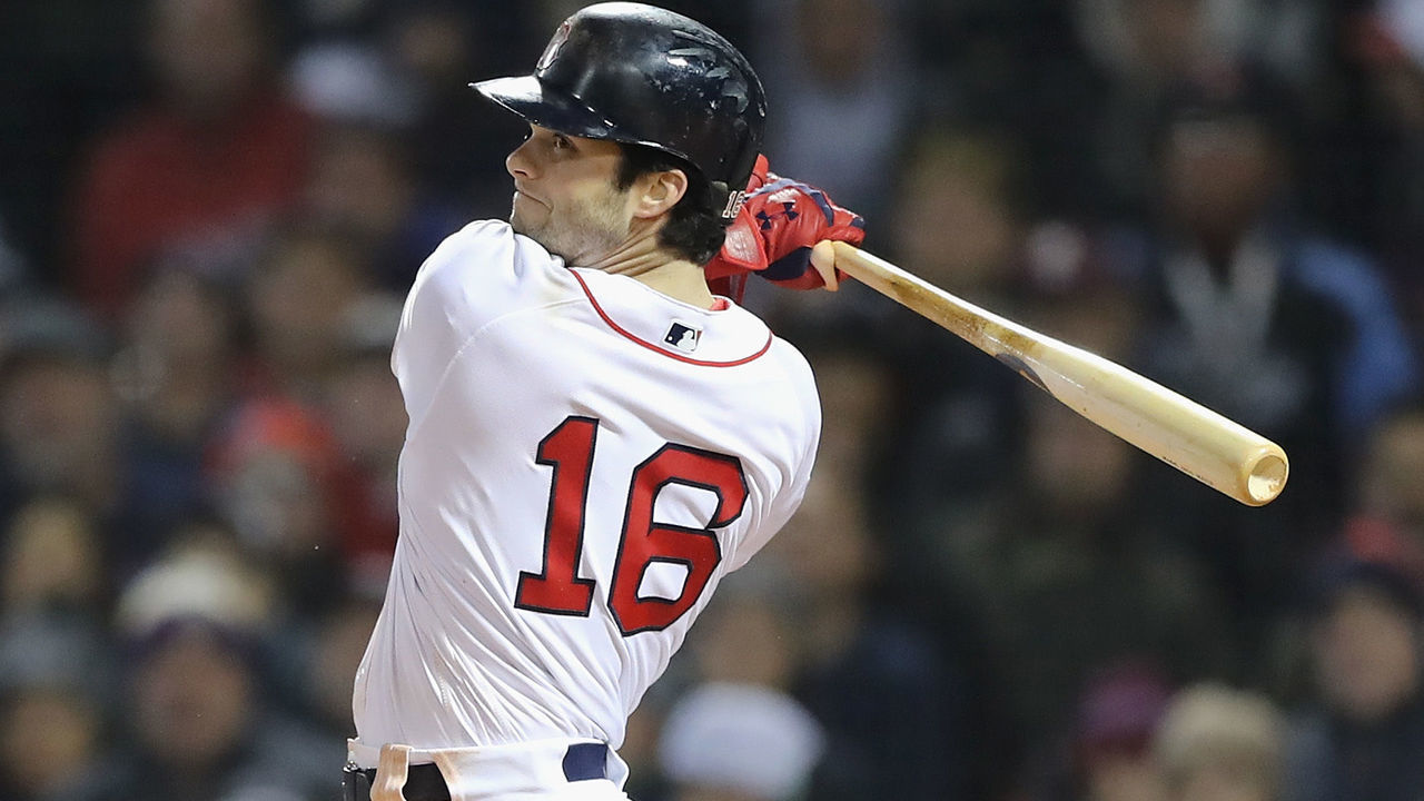 BOSTON, MA - OCTOBER 23: Andrew Benintendi #16 of the Boston Red Sox hits a double during the seventh inning against the Los Angeles Dodgers in Game One of the 2018 World Series at Fenway Park on October 23, 2018 in Boston, Massachusetts.