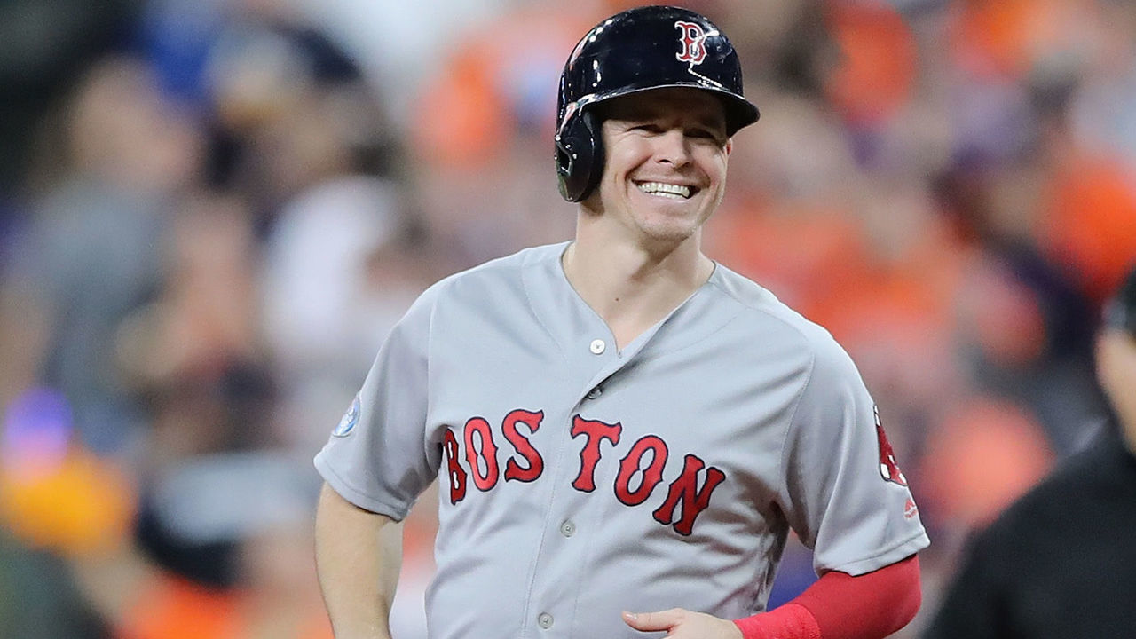 HOUSTON, TX - OCTOBER 16: Brock Holt #12 of the Boston Red Sox reacts after being hit by a pitch in the eighth inning against the Houston Astros during Game Three of the American League Championship Series at Minute Maid Park on October 16, 2018 in Houston, Texas.