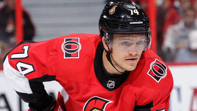 OTTAWA, ON - OCTOBER 4: Mark Borowiecki #74 of the Ottawa Senators prepares for a faceoff against the Chicago Blackhawks at Canadian Tire Centre on October 4, 2018 in Ottawa, Ontario, Canada.