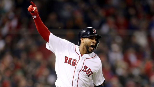 BOSTON, MA - OCTOBER 23: Eduardo Nunez #36 of the Boston Red Sox celebrates his three-run home run during the seventh inning against the Los Angeles Dodgers in Game One of the 2018 World Series at Fenway Park on October 23, 2018 in Boston, Massachusetts.