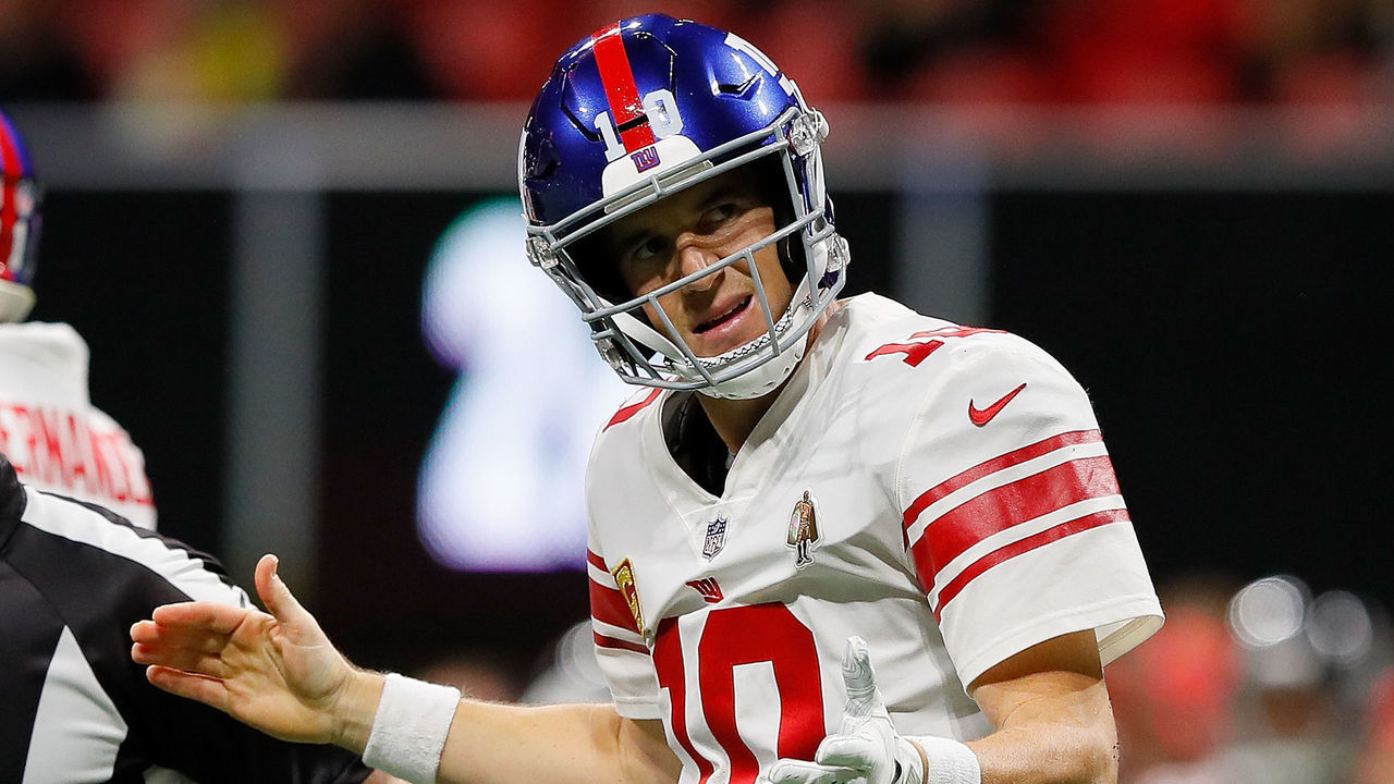 ATLANTA, GA - OCTOBER 22: Eli Manning #10 of the New York Giants reacts after being sacked by the Atlanta Falcons at Mercedes-Benz Stadium on October 22, 2018 in Atlanta, Georgia.